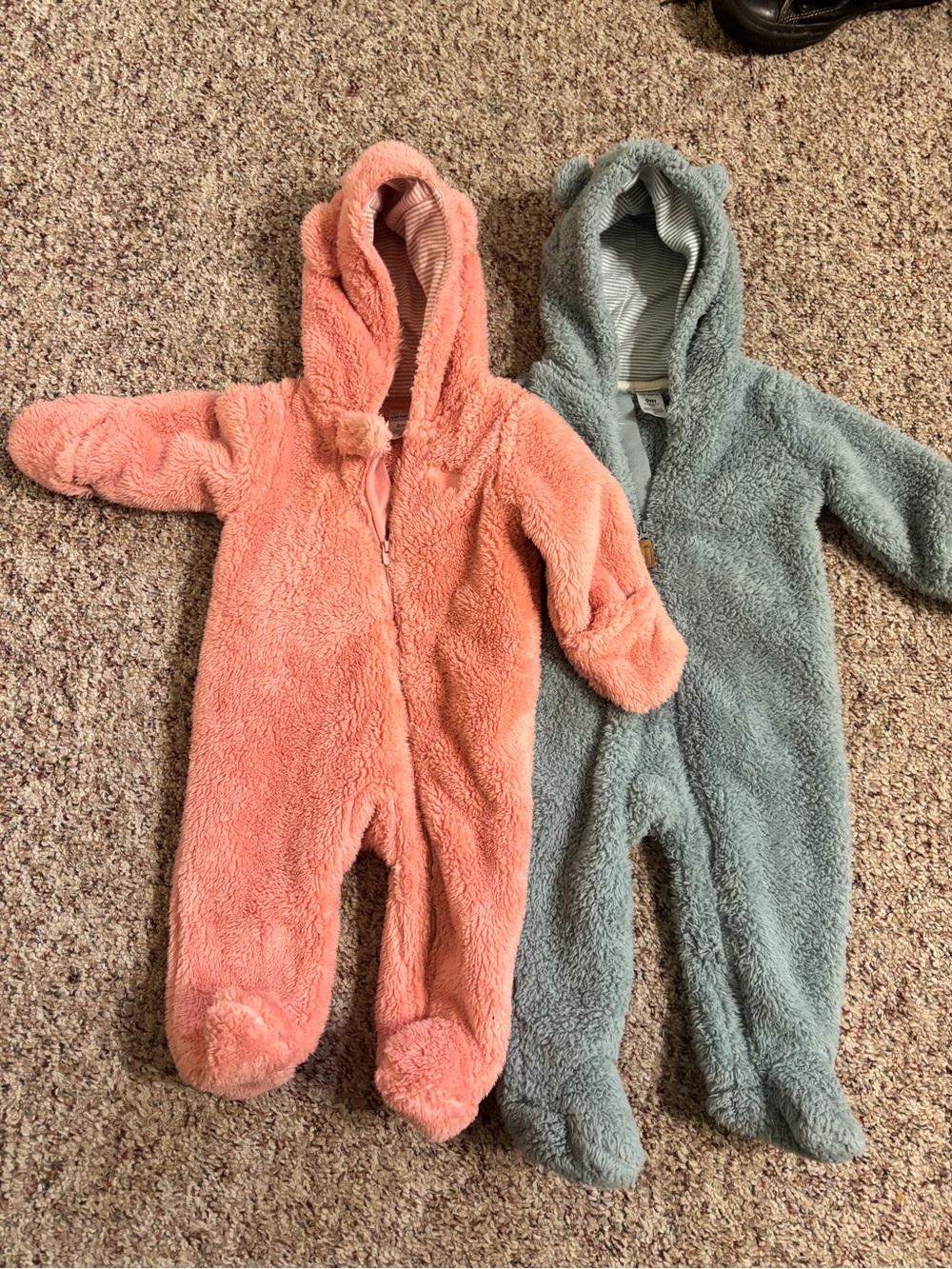 Carters Hooded plush Snowsuit - Pink (6 months) and Dusty blue (9 months)